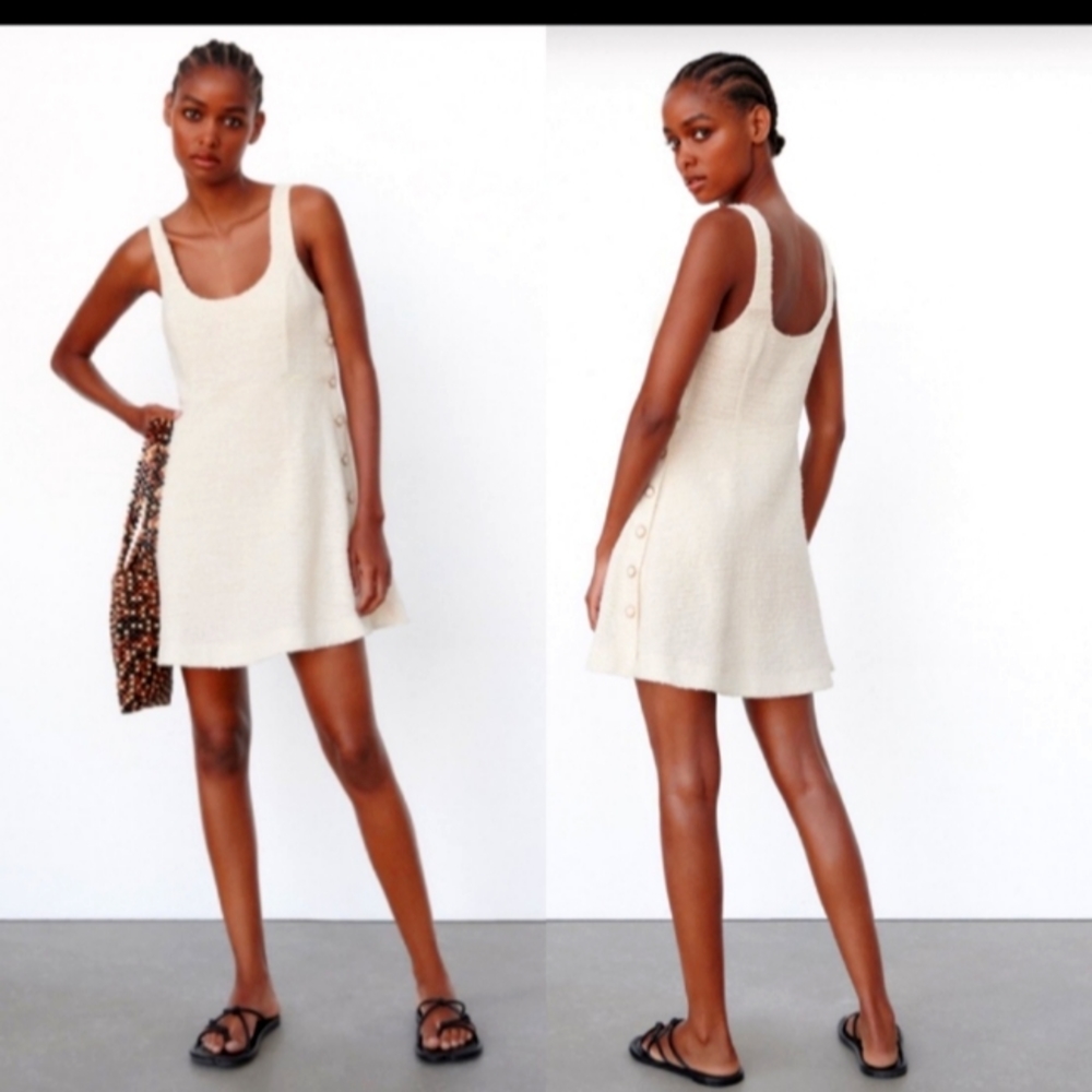 Zara Dress Boucle Textured Tweed Cream Mini Dress Size S
